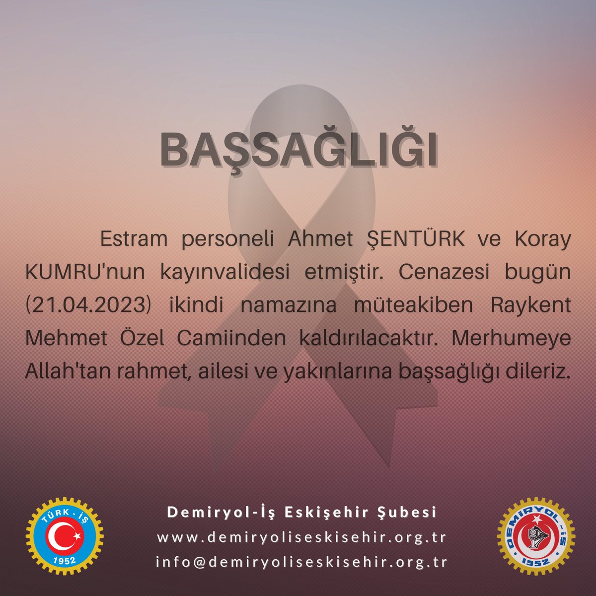demiryolis26's tweet photo. Merhumeye Allah'tan rahmet, ailesi ve yakınlarına başsağlığı dileriz. https://t.co/Qw4zK2QtZX
