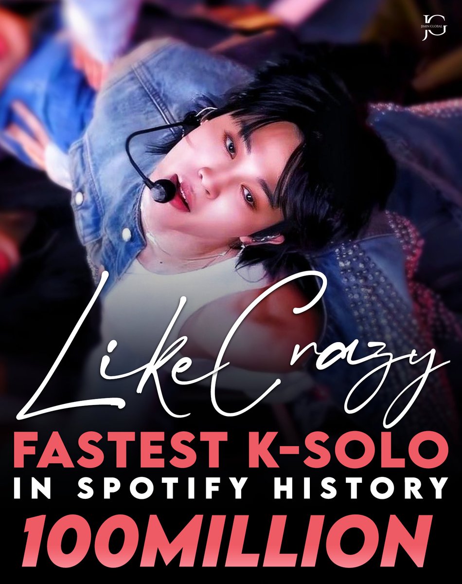 JiminGlobal's tweet photo. "Like Crazy" (Korean Version) has now achieved 100 MILLION streams on Spotify! 

It sets the record for the fastest solo by a Korean and K-pop act to to ever make this feat in history!

Congratulations, Jimin!! 🎉
#LikeCrazy100M

~
Keep on supporting #LikeCrazy by #Jimin of @BTS_twt!