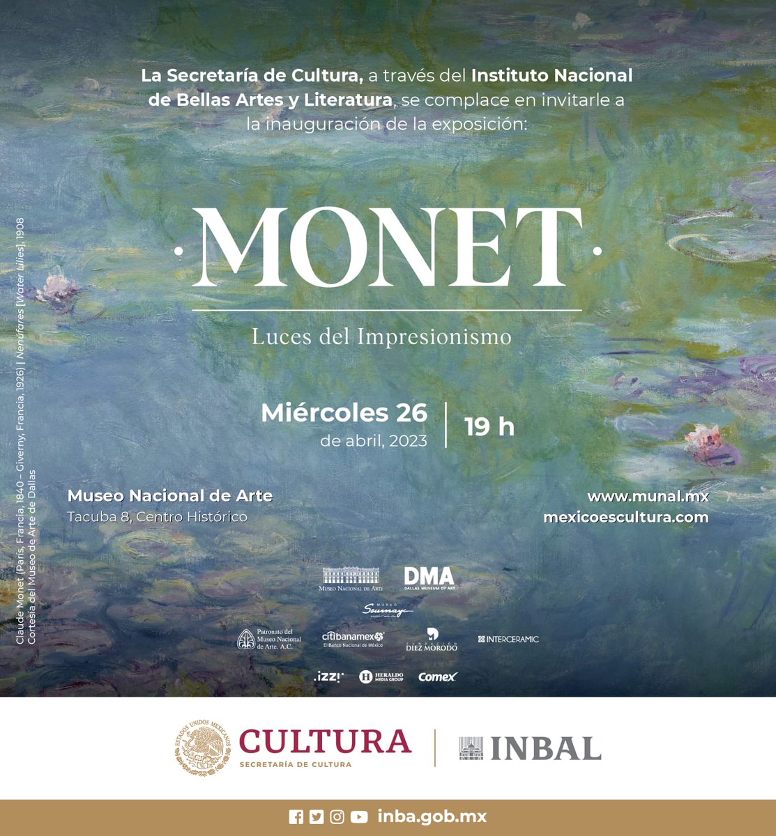 bellasartesinba's tweet photo. Tres obras referenciales del maestro francés Claude Monet llegan al @MUNALmx, en un diálogo fecundo con los artistas del Impresionismo en México como Clausell, Guillemín, Herrera y García Núñez.

Gran apertura el 26 de abril a las 19 h en:

🪷“Monet. Luces del Impresionismo”🪷 https://t.co/u8CCU6G21E
