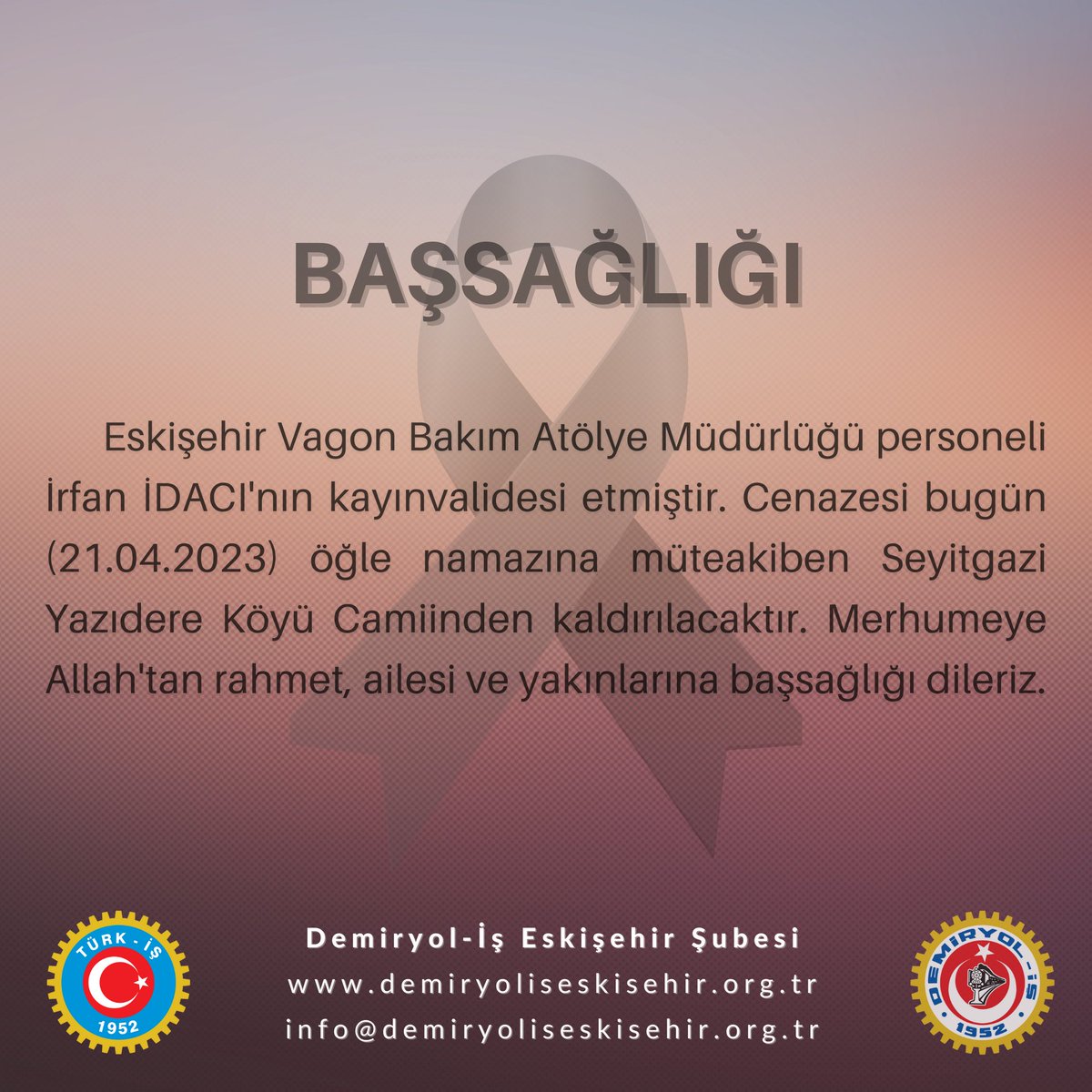 demiryolis26's tweet photo. Merhumeye Allah'tan rahmet, ailesi ve yakınlarına başsağlığı dileriz. https://t.co/AuLXmkbai1