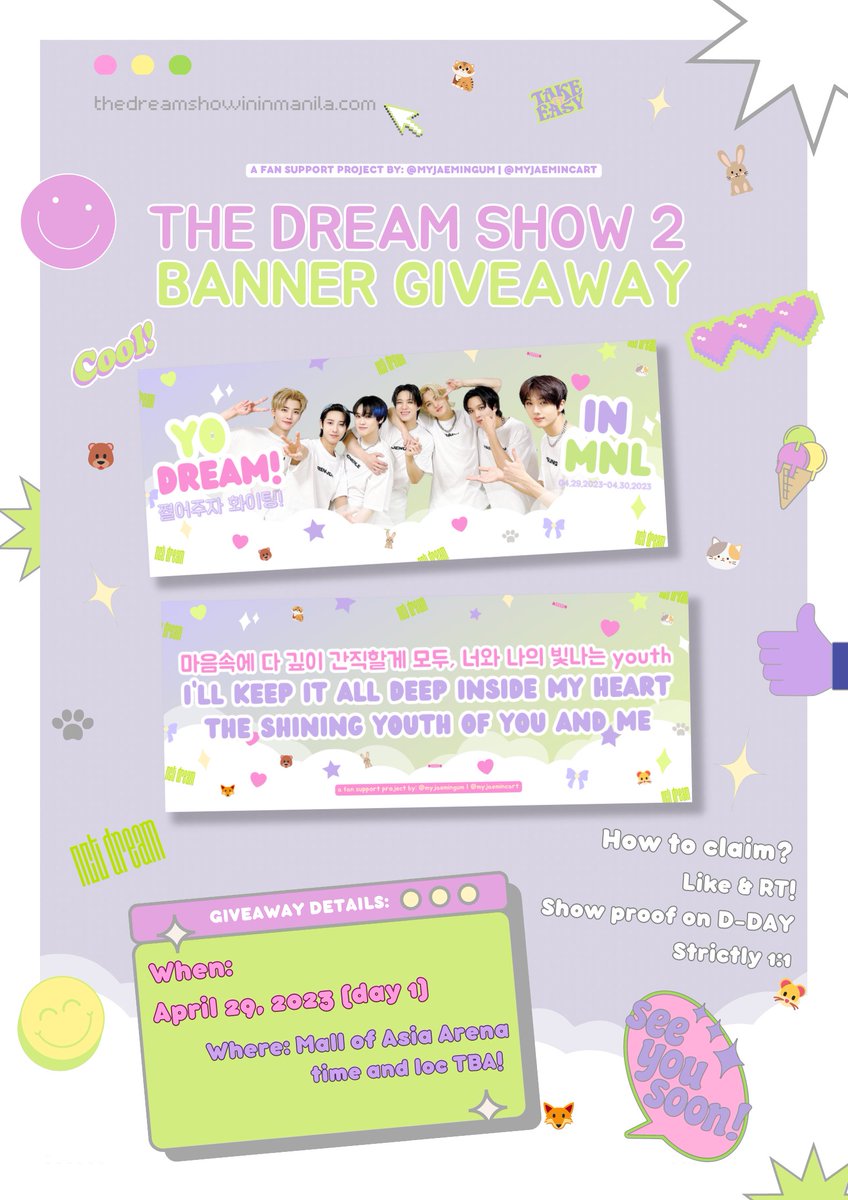 myjaemincart's tweet photo. NCT DREAM The Dream Show 2 in Manila 
fan support by @myjaemincart

YO DREAM 쩔어주자 화이팅! +..｡*ﾟ+

— like &amp; rt 
— show this tweet on d-day! 
— 1:1 ratio (limited qty only) 
— open for trades! 
— loc tba

see you there! ~ ♡

#THEDREAMSHOW2_in_MANILA #TDS2inMANILA #TDS2inMNL https://t.co/ruU6F9roVr