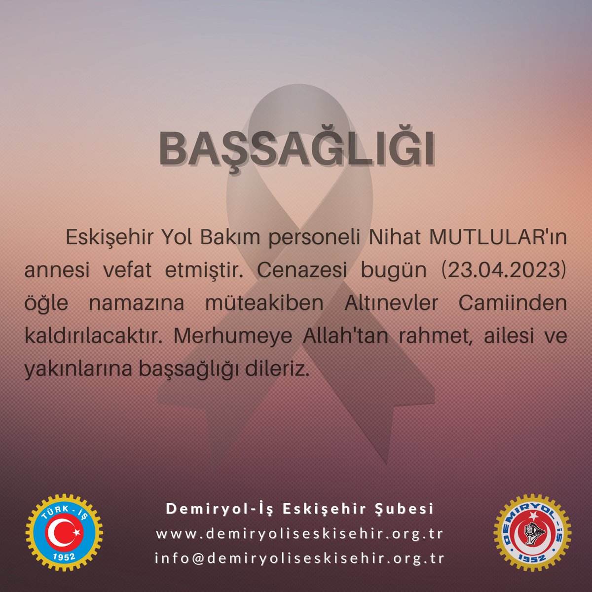 demiryolis26's tweet photo. Merhumeye Allah'tan rahmet, ailesi ve yakınlarına başsağlığı dileriz. https://t.co/sXvfehRxDC