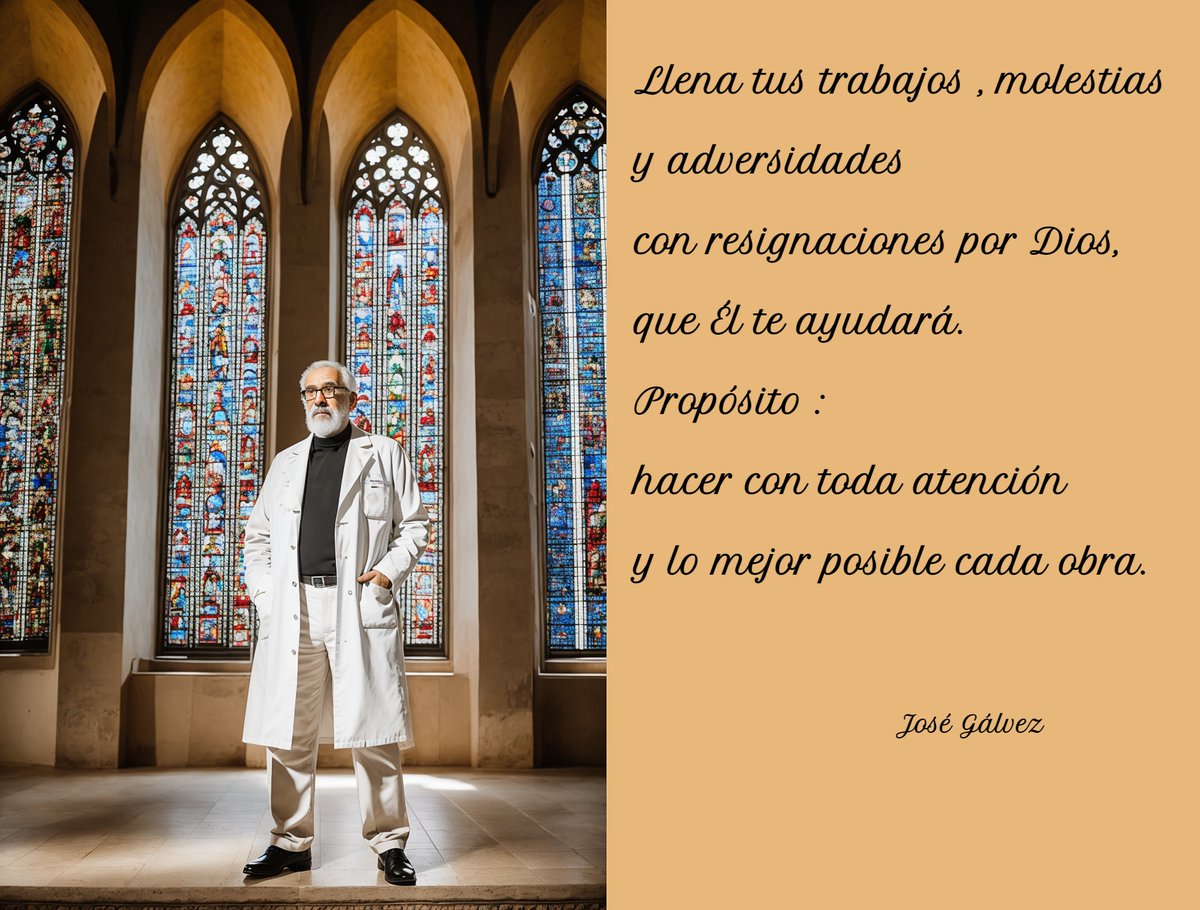 "Llena tus trabajos, molestias y adversidades con resignaciones por Dios, que Él te ayudará. Propósito : hacer con toda atención y lo mejor posible cada obra ". Frase de José Gálvez anotada en su cuadernillo personal.