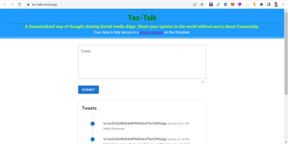 Akashverse_0's tweet photo. @IndiaTezos 
@TezosFoundation 
In the last Project. I built A social media dApp ( TEZ-TALK ).
It is an NFT DApp for posting tweets anonymously and also getting public support which will be secured on Tezos Blockchain.
https://t.co/jBd9nc6swX
https://t.co/N6YnHaH393
Thanks Tezos. https://t.co/bEW5k3zq0A