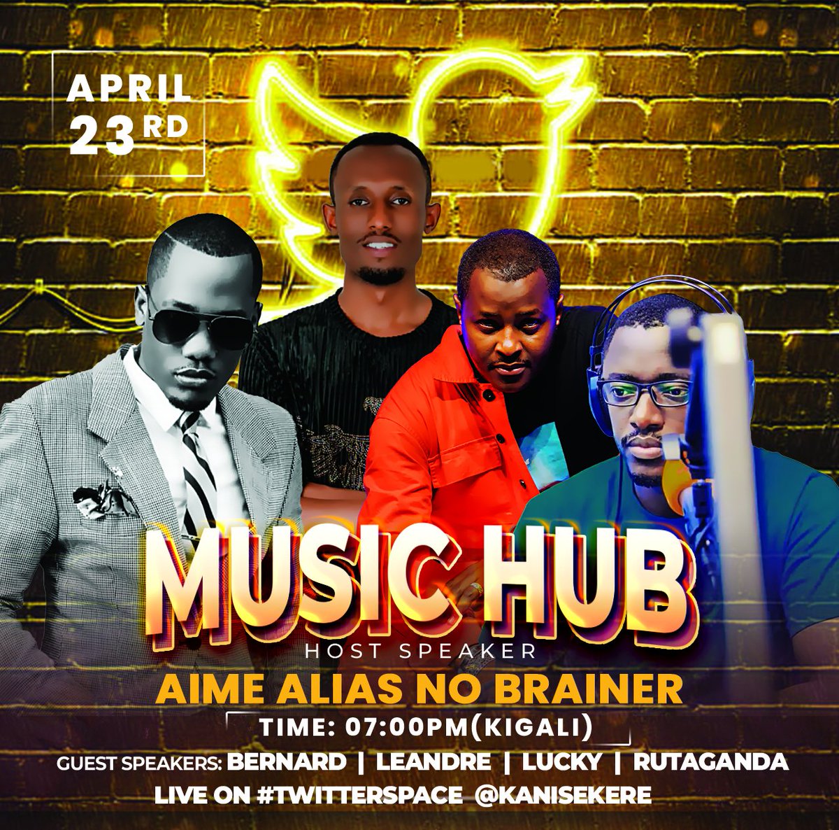 MUSIC HUB Tonight 7PM KIGALI. 

Topic: 
* Kubera iki muzika yacu ikomeje kuzamo inzangano?

* Generations mu byiciro byose , Music, Journalism etc…byitwara bite?! Bitware gute?

* Social Media irakoreshwa ite mu iterambere n’ikoranabuhanga by’igihugu cyacu?