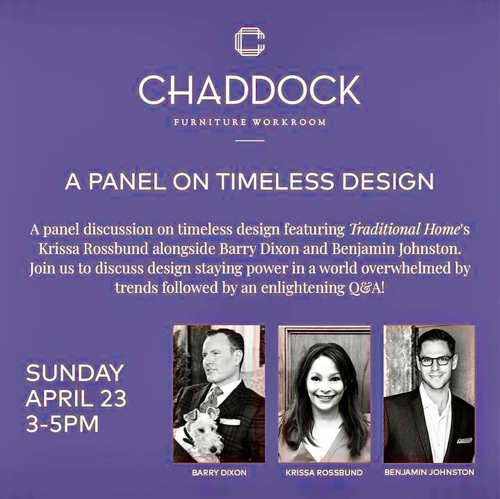 Come join us today at the @chaddockhome showroom at <a href="/hpmkt/">◎</a> ! My talented friend @benjaminjohnstondesign and I will be talking about timeless, classic design with <a href="/traditionalhome/">Traditional Home</a> ‘s savvy @krissa_rossbund . See you this afternoon! #timeless #classic #interior #design #conver…