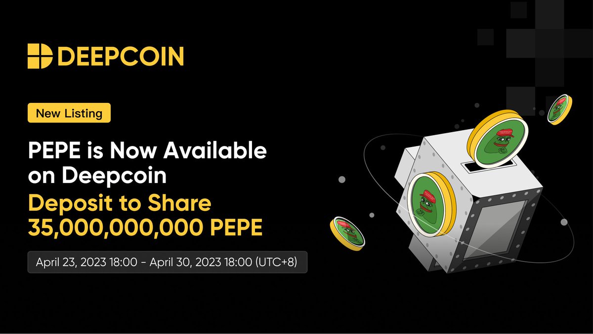The $PEPE deposit campaign is LIVE now🎉🎉

🏆35,000,000,000 $PEPE
⏲️18:00, April 23 -18:00, April 30 (UTC+8)

2 activities included, let's deposit &amp; trade to win rewards!

Event details:
link.medium.com/Kx5h0jOiezb

#pepe <a href="/pepecoineth/">Pepe</a>
