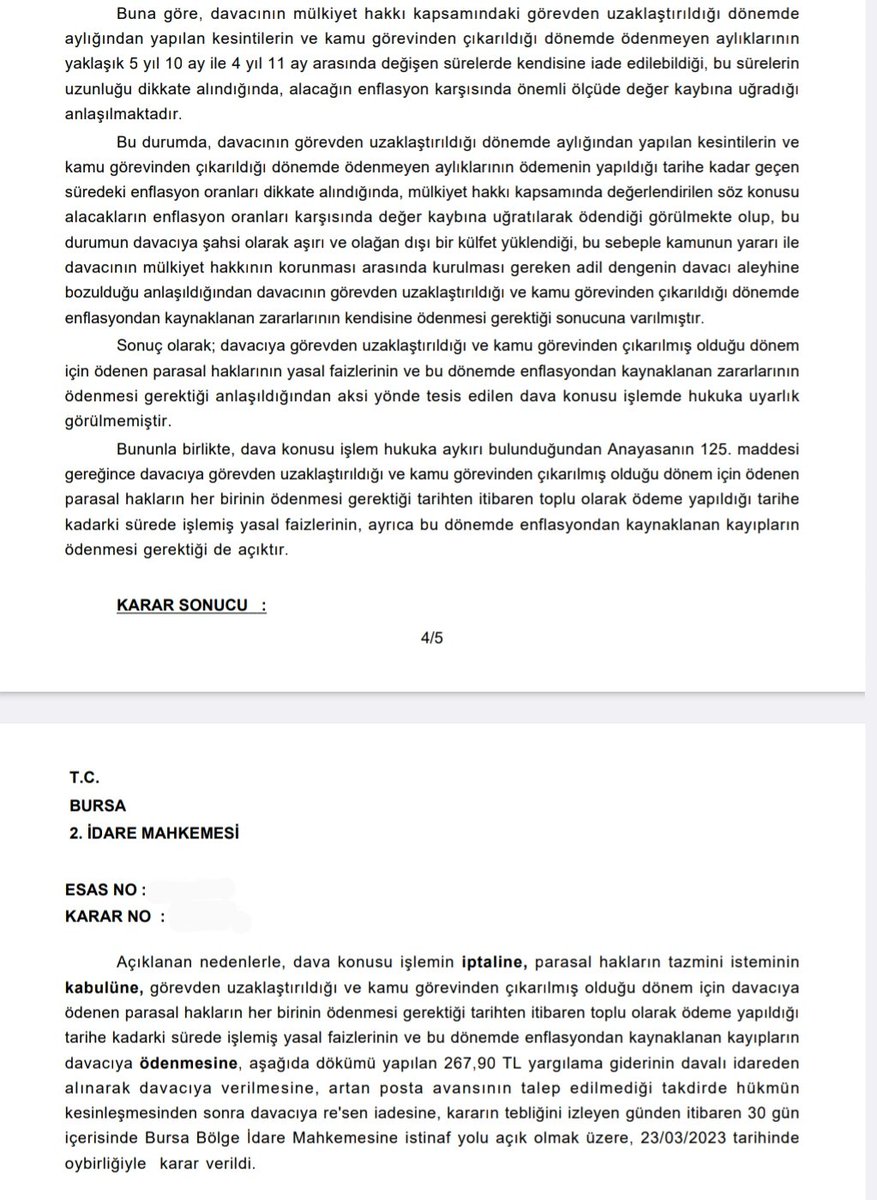 DilekHukuk's tweet photo. İptal Kararından

Dava dilekçesini yazdığım dosyada, davacıya görevden uzaklaştırıldığı ve kamu görevinden çıkarılmış olduğu dönem için ödenen parasal hakların YASAL FAİZİYLE ve ENFLASYON FARKIYLA ödenmesine karar verilmiştir.

23/03/2023 tarihli karardan https://t.co/Ms5QDQjhYl