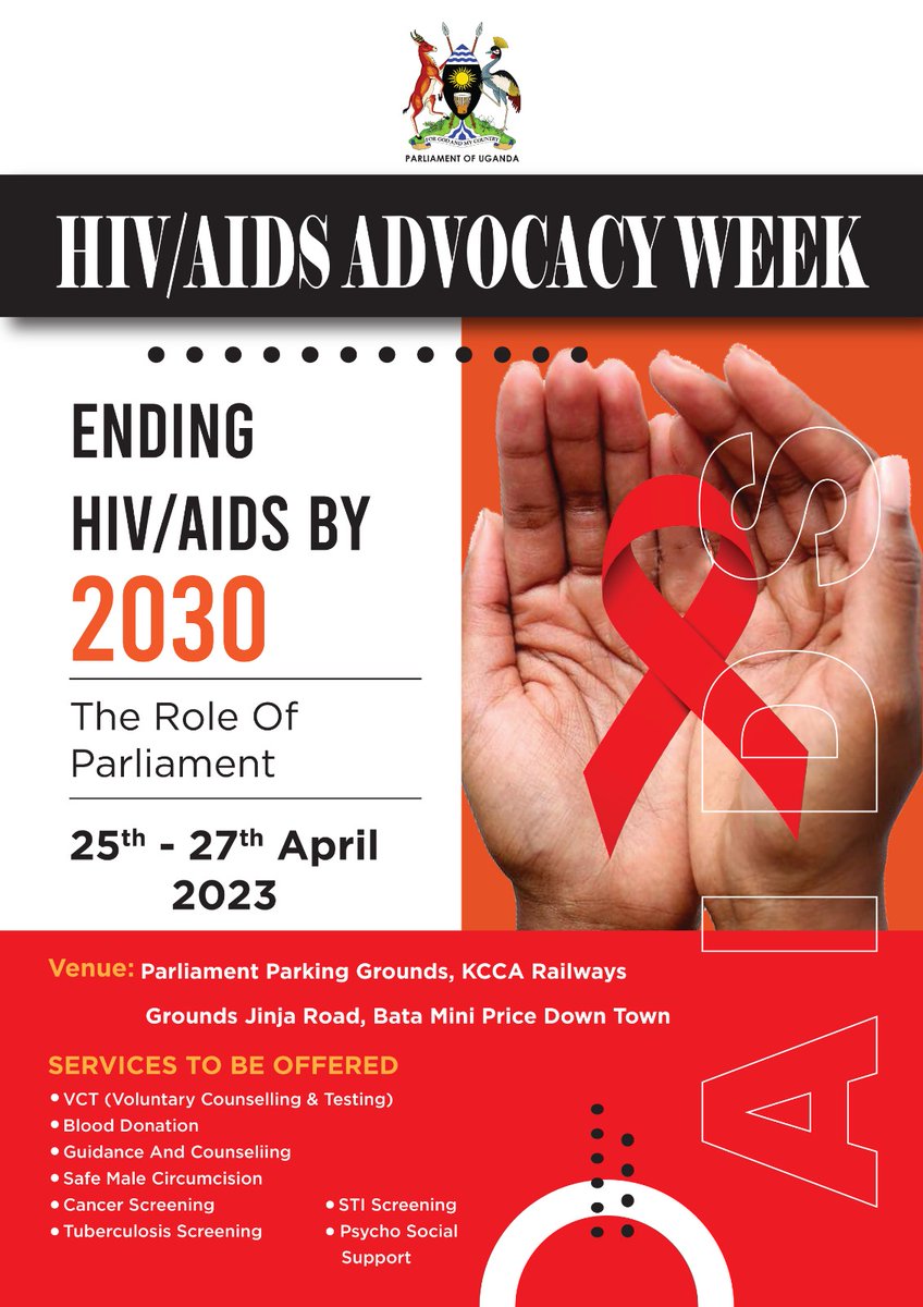 NAFOPHANU's tweet photo. Parliament joins the race towards ending AIDS by 2030

The HIV/AIDS Advocacy Week.

Date : 25-27 April 2023

Venue : Parliament Parking Grounds, KCCA Railway Grounds Jinja Road and Bata Mini Price Down Town.

#SpreadLoveNotHate
#TogetherforaPositiveDifference
#EndAIDS2030Ug https://t.co/y7Rx4XkwlJ