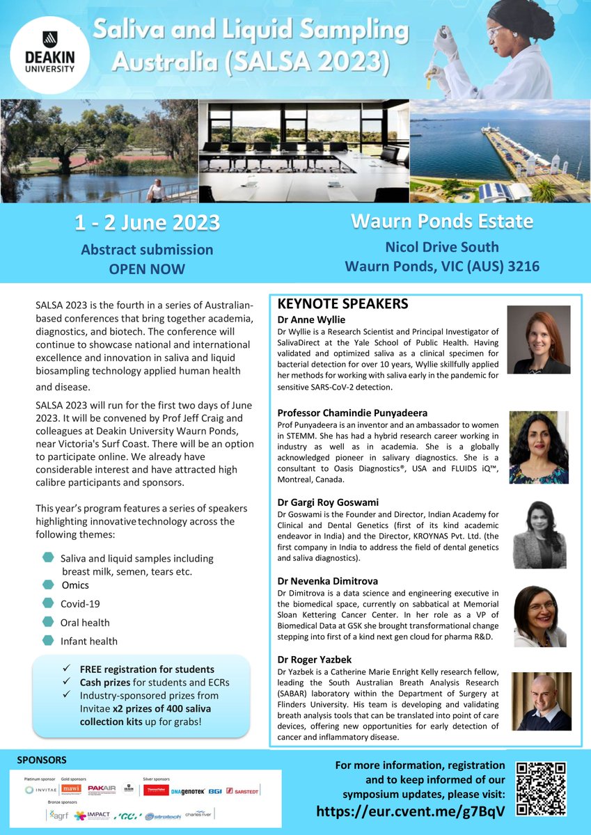 DrChromo's tweet photo. One week to the abstract deadline for Announcing ‘Saliva and Liquid Sampling Australia 2023’ (SALSA 2023) 1-2 June at Deakin Estate, Deakin University  https://t.co/Yl8MDNN93F Heaps of prizes. Free registration for students. https://t.co/owjzE8k32p