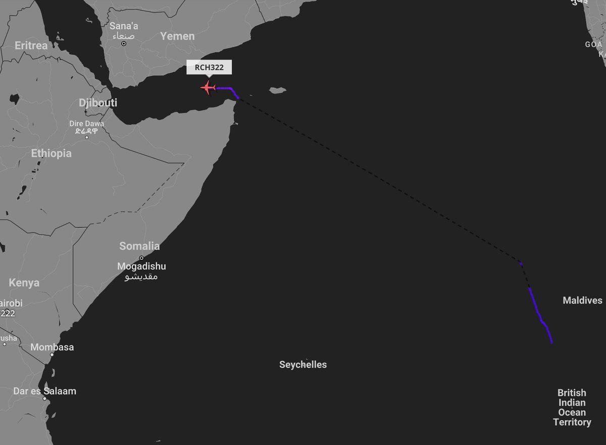 TheSnoopySnoop's tweet photo. #RCH322 C-5M Galaxy #AE0589 87-0044
Departed Kadena 19th, looks to have departed Diego Garcia earlier today heading around Somalia possibly to Djibouti 🤷
#avgeek #Planespotting https://t.co/HhZMNYyFq7
