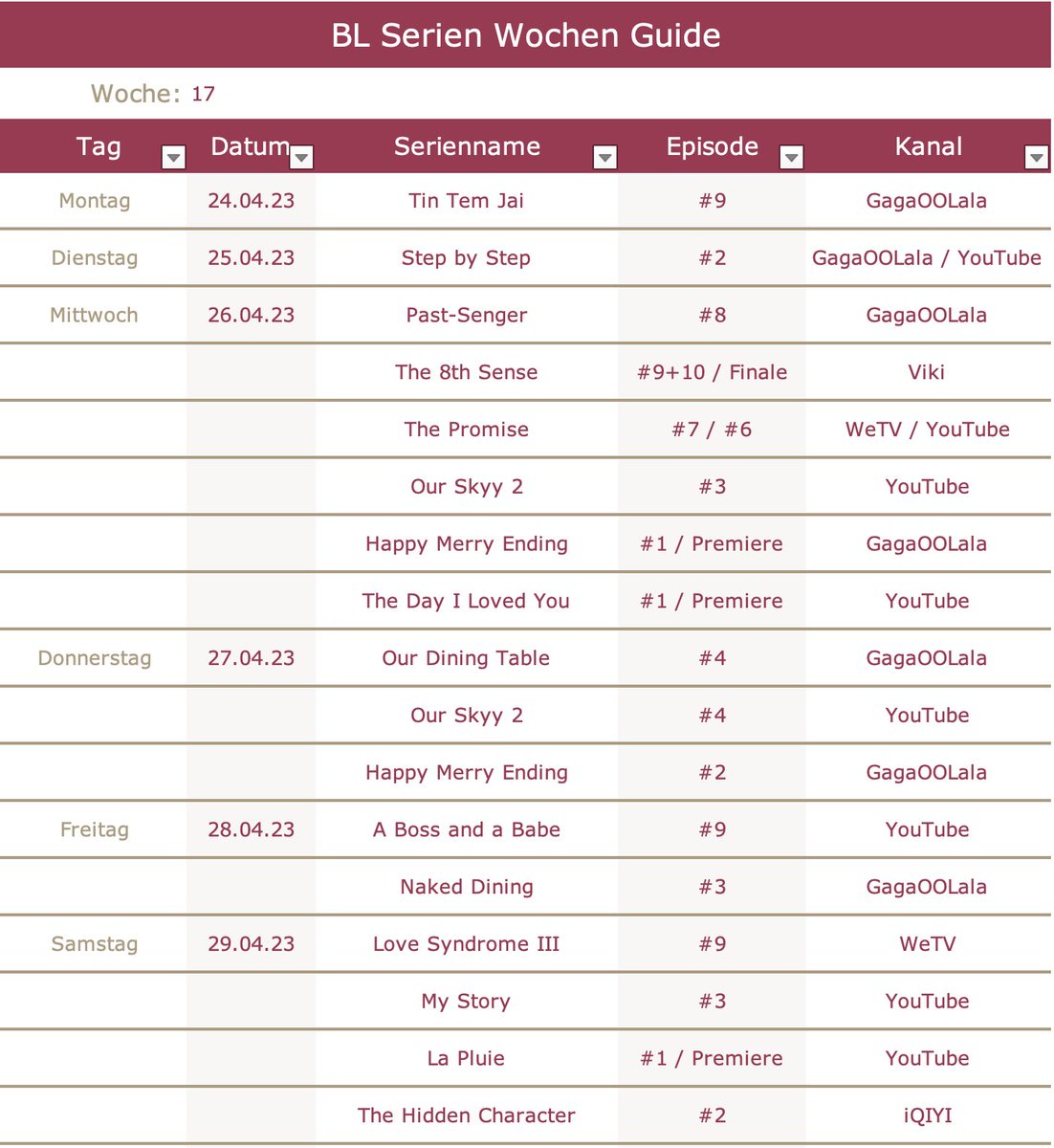 GMF_Berlin's tweet photo. BL Serien Programm vom 24.04. - 30.04.2023
Ich freue mich so sehr auf die 3 neue Serien #HappyMerryEnding , #TheDayILovedYou und #Lapluietheseries und ein wenig Angst habe ich vor dem Finale von #TheEighthSense
#bl #bltwitter #boysloveseries #BLSeries https://t.co/1AM2hydBOu