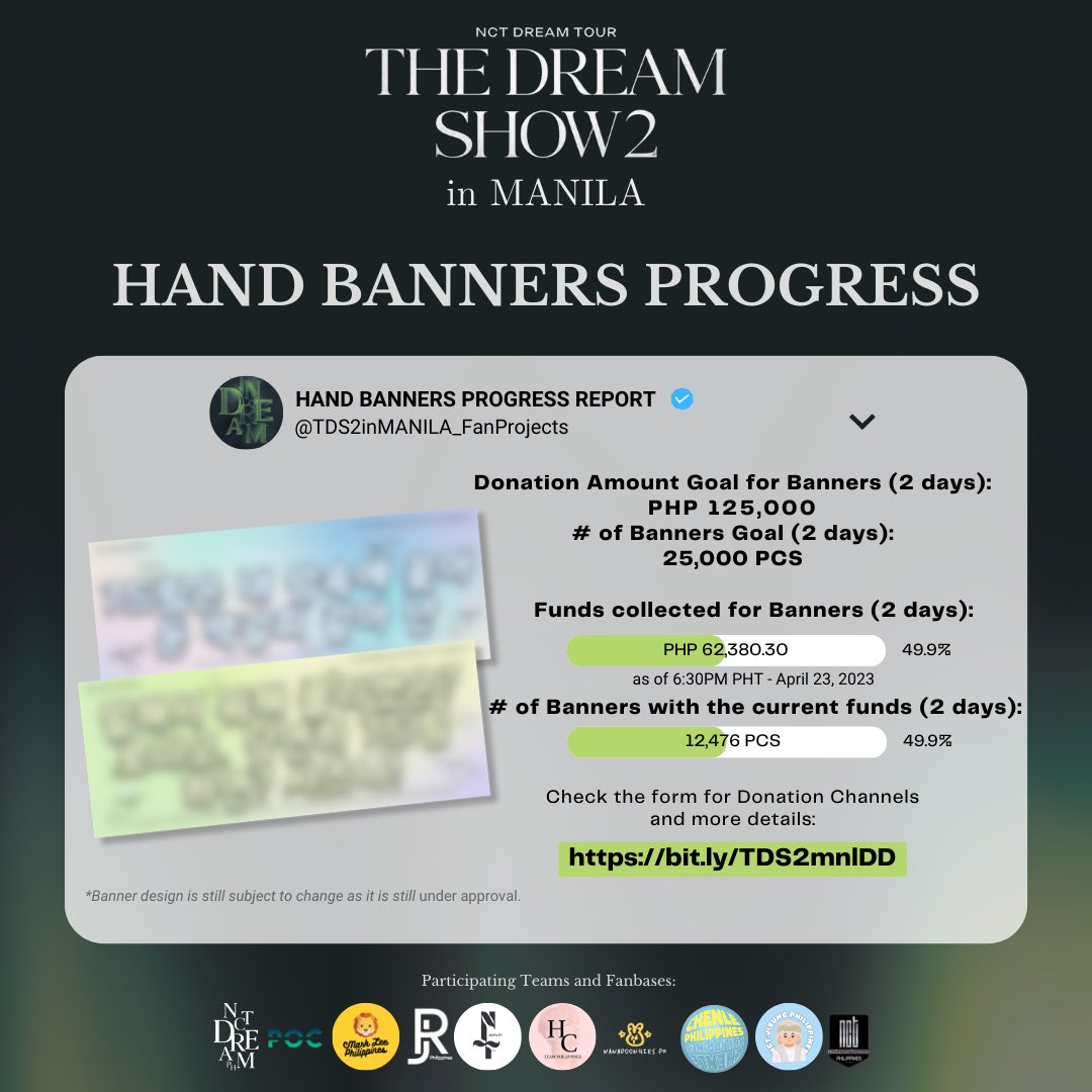 DreamiesPH_'s tweet photo. 📢TDS2 in Manila Hand Banners Project Progress
 #THEDREAMSHOW2_in_MANILA  D-6!

Help us reach our goal amount to fund the main Hand Banners for both days! 
Any amount is greatly appreciated🫶🏻

To donate:
🔗https://t.co/WiywpJs5hk

#TDS2inMNL_DDupdates https://t.co/STtoU402rZ