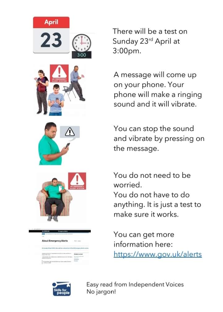 SkillsWellbeing's tweet photo. Independent Voices Redcar &amp;Cleveland and Skills for People in Teesside would like to remind you about the government alert happening today at 3pm.

Take a look at their easy-read guide for more information. https://t.co/SdKn8lQXsl
