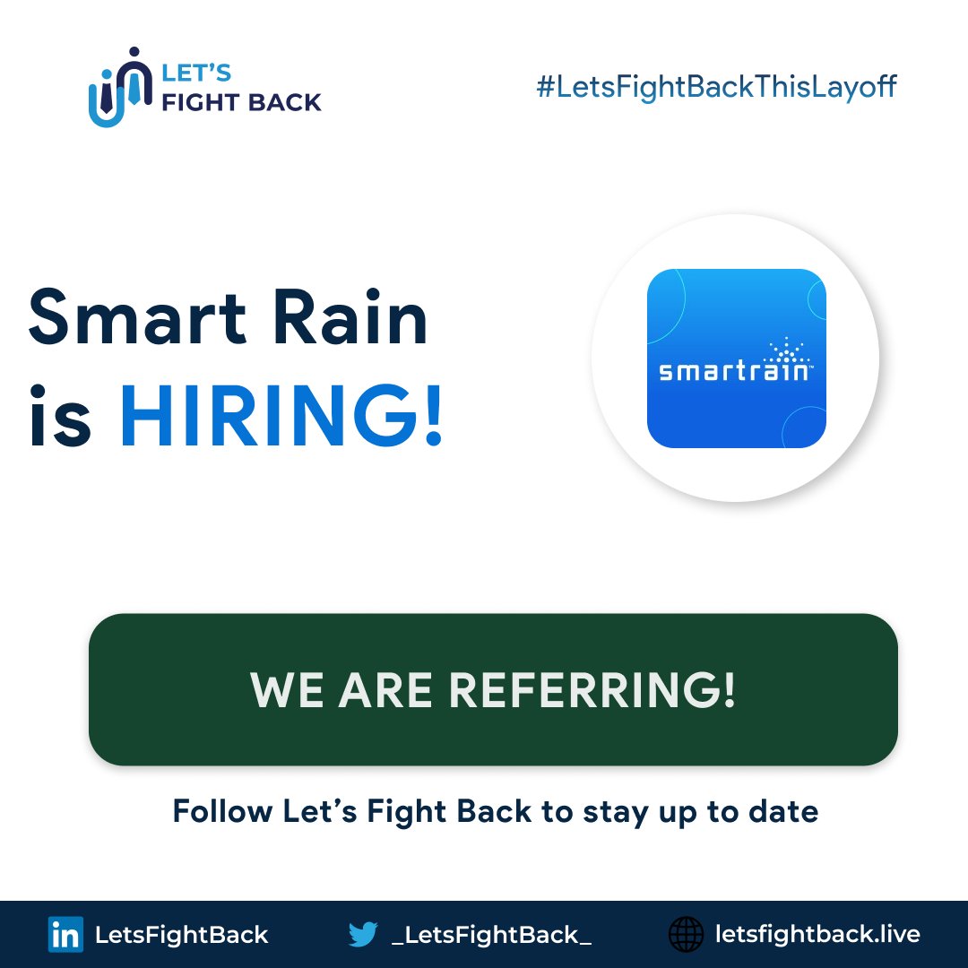 _LetsFightBack_'s tweet photo. 🚨 #HiringAlert! Join our 1200+ member community to draft your fight-back journey from #layoffs.
Check out the job opening at Smart Rain and let's #LetsFightBack together!
#JobSearch #NowHiring #Internship #Placement #DSA #JobUpdate https://t.co/FyeD6Mv8ps