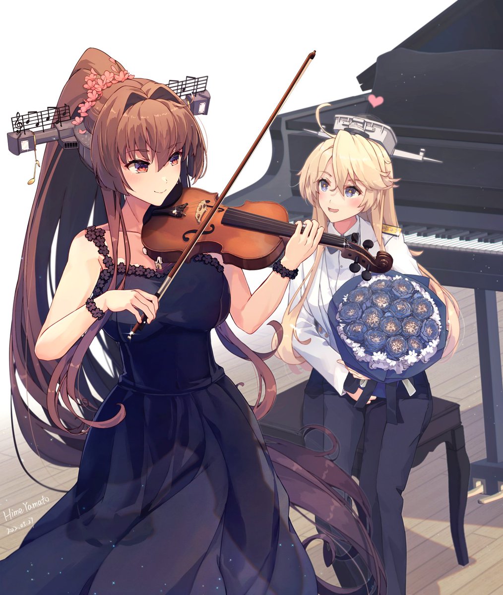 iowa (kancolle) ,yamato (kancolle) multiple girls 2girls piano instrument blonde hair long hair flower  illustration images