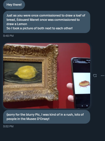 HnySoda_'s tweet image. Someone actually went to museum to compare my bread commission to a  lemon commission.
