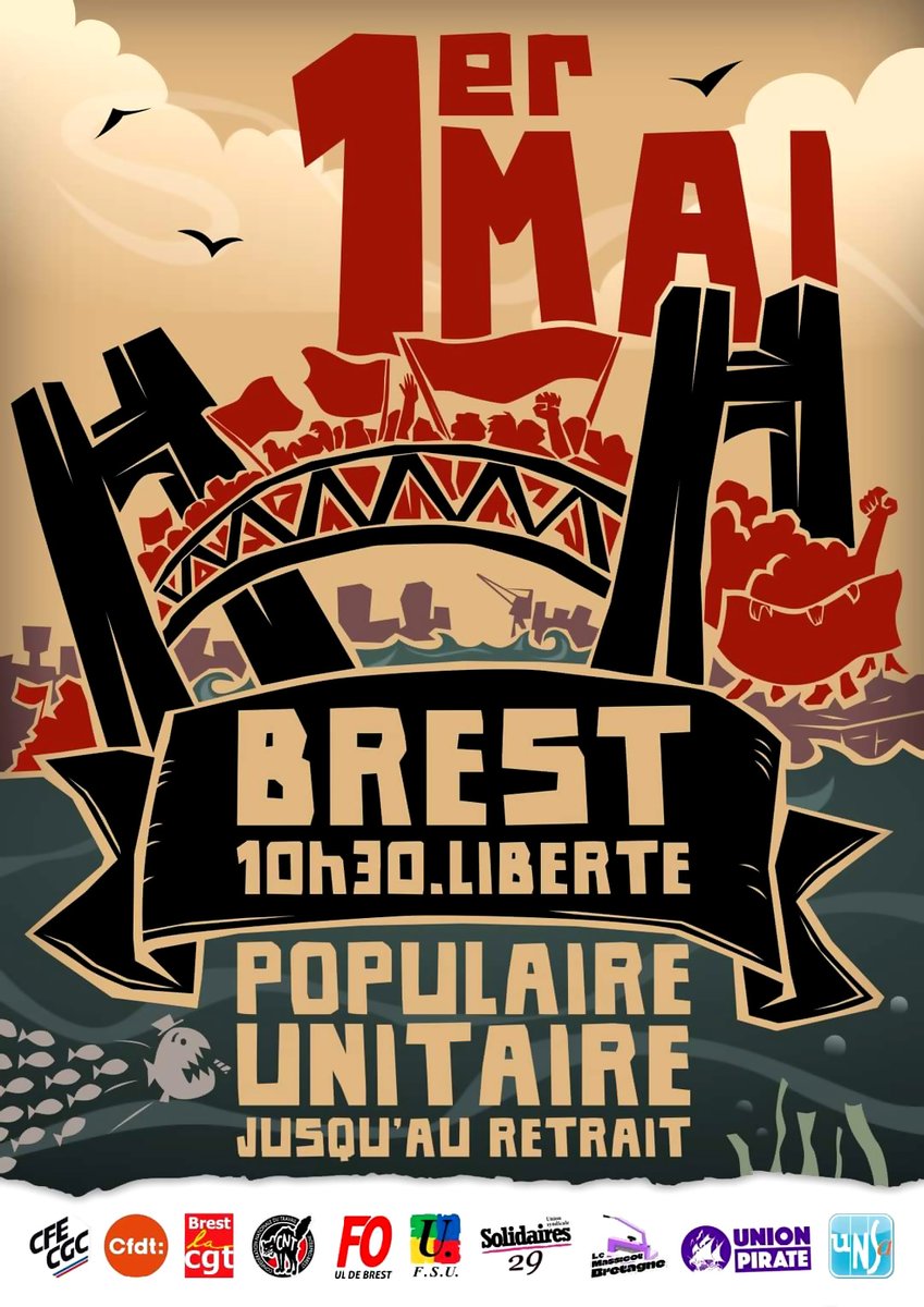 CorreErwan's tweet photo. La magnifique affiche des militant-e-s brestoi-se-s pour annoncer la manifestation du 1er Mai 2023 !😯

Merci à toute l'équipe !👍😉

#Macron #ReformeDesRetraites #1erMai #1erMai2023 #Manifestation1erMai2023 #Brest #FO #CGT #CFDT #UnionPirate #CNT #CFECGC #FSU #UNSA #Solidaires29 https://t.co/UiVc6W7Owc