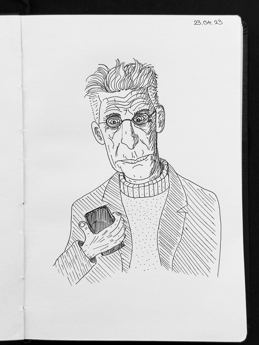 davekinghan's tweet photo. Samuel Beckett plays Pokémon Go on his phone during a break from writing Waiting for Godot, c.1948. Fun fact: the main characters in the play were originally going to be Electivire and Charmeleon, but Beckett was not granted permission by the Pokémon Company to use the names. https://t.co/pPBR9o6Qxz