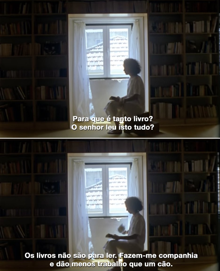 comculturaearte's tweet photo. "— Para que é tanto livro? O senhor leu isto tudo?
— Os livros não são para ler.
 Fazem-me companhia e dão menos trabalho que um cão."

"Vai e Vem" (2003), filme de João César Monteiro

Hoje é Dia Mundial do Livro 📕 https://t.co/vvR80oyWy3