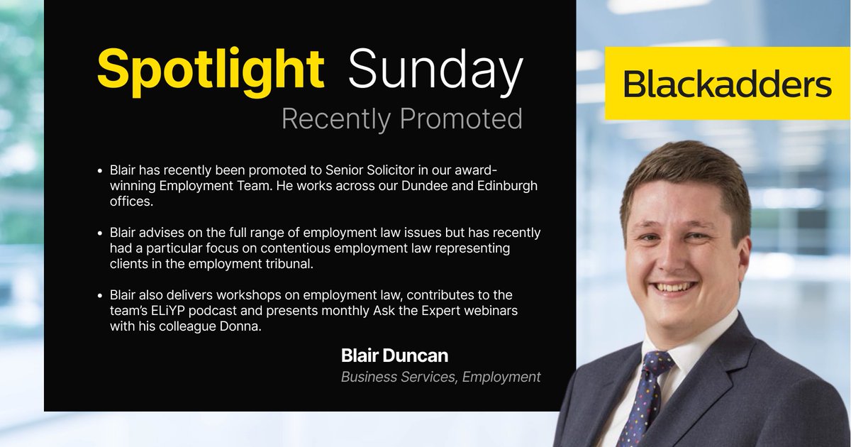 💡 This week's Spotlight Sunday is our recently promoted Employment, Senior Solicitor,  <a href="/EmpLawyerBlair/">Blair Duncan</a>. Blair is primarily based in our Dundee office but also works in the Edinburgh office too. 💡

#spotlightsunday #employment #employmentlaw #employmentlawyer <a href="/BlackaddersLLP/">Blackadders LLP</a>