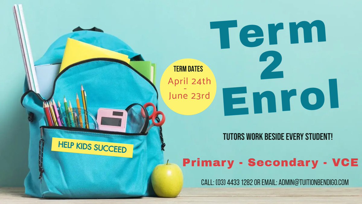 🎓⭐️Term 2 Tutoring ⭐️🎓

Welcome back for Term 2! (Mon April 24th - Fri June 23rd). We are excited for another term of learning, progress and fun!

For more information and new bookings, please visit: tuitionbendigo.com or call: (03) 4433 1282.

#term2 #schoolsback #tuition