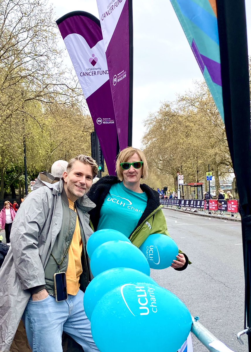 UCLHCharity's tweet photo. ☔️A wet start to the @LondonMarathon but that’s not stopping our fundraising team from cheering on our amazing runners! 

We are based outside Temple tube station, so do come along and cheer with us! #teamUCLH https://t.co/kbrW7ZUOYy