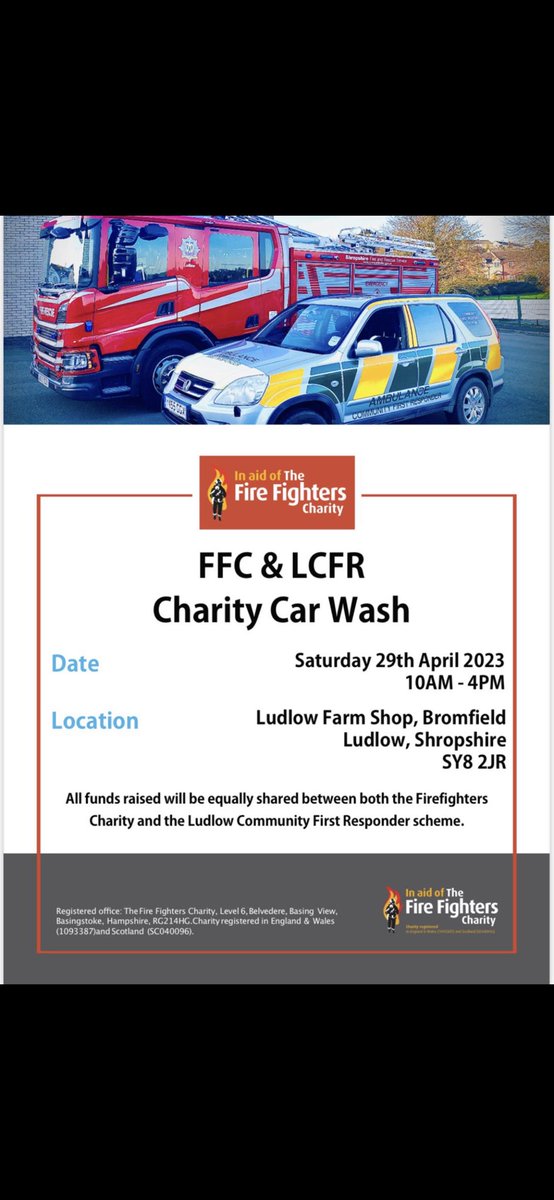 Our colleagues over at <a href="/SFRS_Ludlow/">Ludlow Fire Station</a> are holding a car wash next Saturday 29th April 10am-4pm in aid of <a href="/firefighters999/">Fire Fighters Charity</a> and Ludlow Community First Responders.