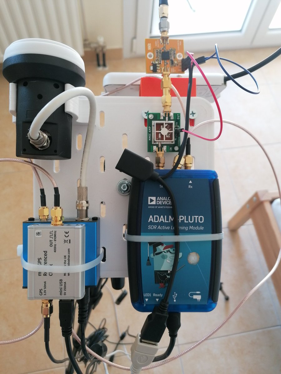 No dish, no problem. Working #QO100 #ft8 with #adalmpluto and bare LNB locked to GPS. 800mW to 10cm patch antenna.