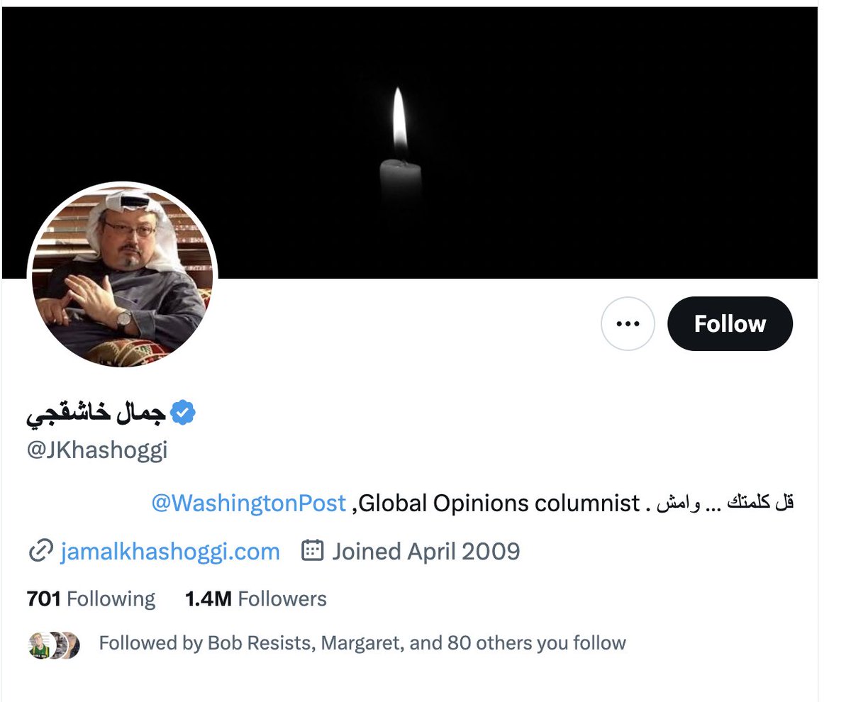 Boy genius, @Elonmusk, has verified Jamal Khashoggi's Twitter account, claiming 'This account is verified because they are subscribed to Twitter Blue and verified their phone number.' The Saudis murdered Khashoggi in 2018.