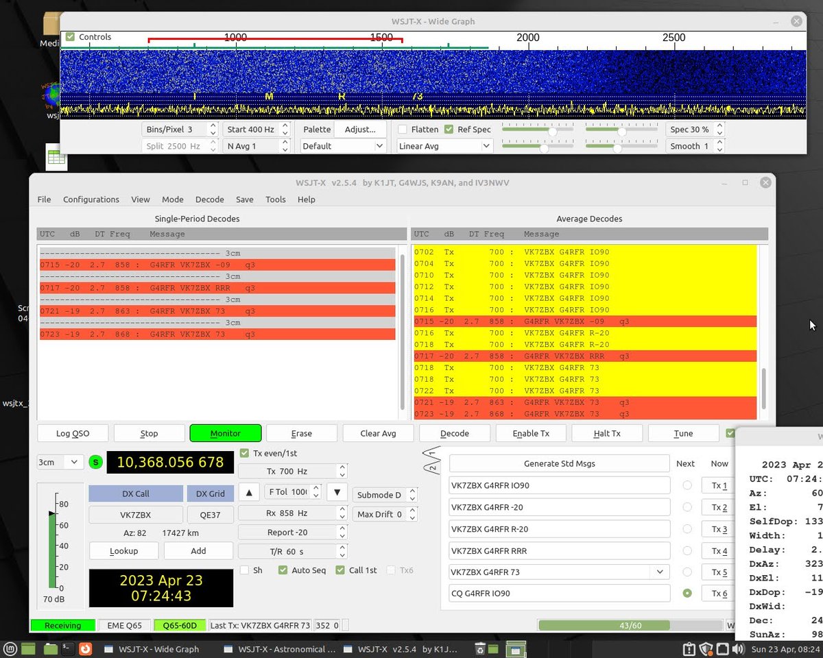 FRARSG4RFR's tweet photo. After months of planning and putting up a dish specifically for the job the planets literally aligned this morning and we made two 10GHz moonbounce QSOs with Australia 🎉🌛📡 #GHzbands @theRSGB https://t.co/TKwUmHoskL