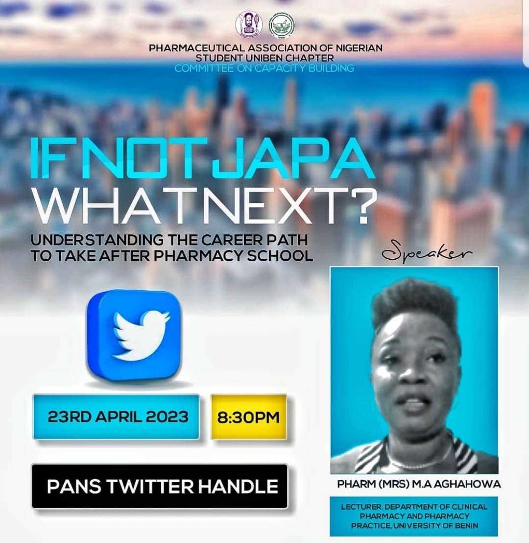 PANSUNIBEN_'s tweet photo. ❇️❇️❇️❇️❇️❇️❇️❇️❇️
*THE PHARMACEUTICAL ASSOCIATION OF NIGERIAN STUDENTS (PANS) CAPACITY BUILDING COMMITTEE*

_presents to all PANsites the fourth edition of her Capacity Building Webinar_🥁🥁

Have you figured out what career path to take after graduation? https://t.co/Ikoix0zVFG