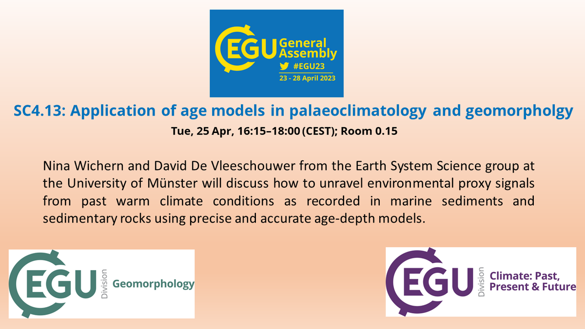 EGU_Climate's tweet photo. It's nearly time for #EGU23 and we wish you a safe journey to Vienna. Together with @EGU_GM division we are organising this exciting #Short_Course on Tuesday. Come join us and know more about age models in paleoclimatology & geomorphology from Prof. @daviddevlee & Nina Wichern. https://t.co/Tpj29cJt0H