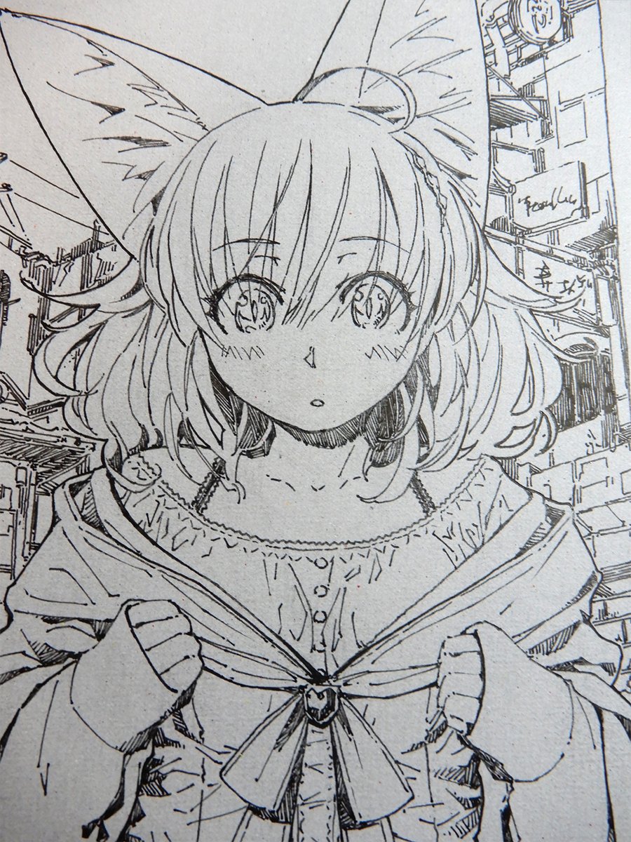 グレーの紙に万年筆。背景も描いた。線画はここまでかな。
#水彩 #狐娘 #線画 
