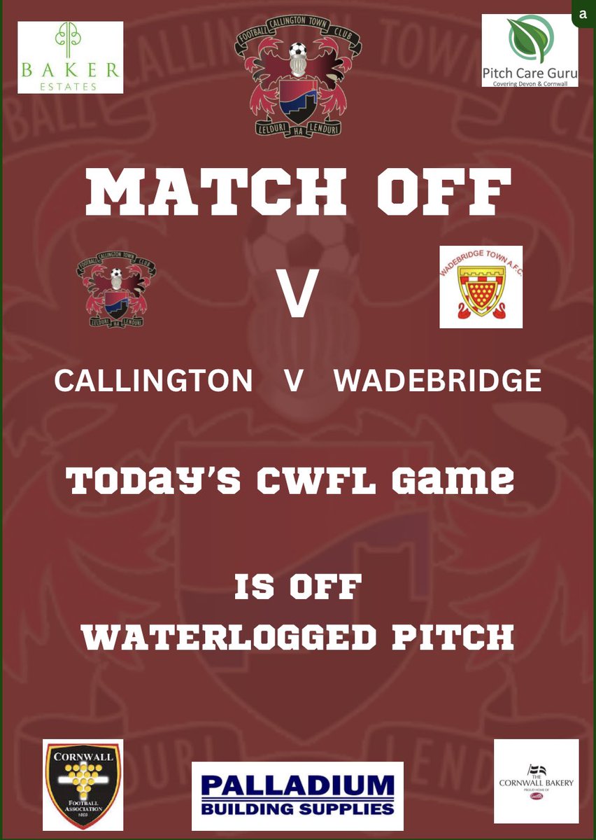 Match Off - this afternoon’s <a href="/TheCWFL/">CWFL</a> game <a href="/CallyTownFC/">Callington Town FC</a> Women V <a href="/wadebridgelfc/">Wadebridge Ladies</a> is OFF the heavy rain today has made the pitch unplayable and the match referee has made the decision to postpone the game <a href="/swsportsnews/">South West Sports News</a> <a href="/PLsportsnews/">PlymouthSportsNews</a> <a href="/sportscornwall/">Cornwall Sports Media</a> <a href="/NigelWalrond/">Nigel Walrond</a> <a href="/KJMsport57/">Kevin Marriott</a>