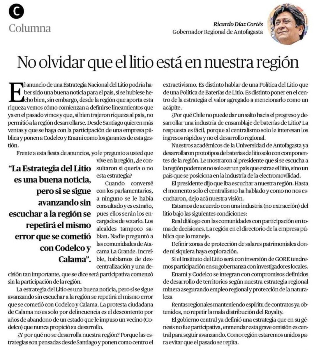RicardoDiazC's tweet photo. Comparto nuestra crítica visión de la Estrategia del Litio. Que no se repita la mala historia y esta vez se haga con los territorios. #Calama #SanPedro #Tocopilla #Mejillones #Ollagüe #SierraGorda #MariaElena #Taltal #Antofagasta https://t.co/DPhAzQG1HN