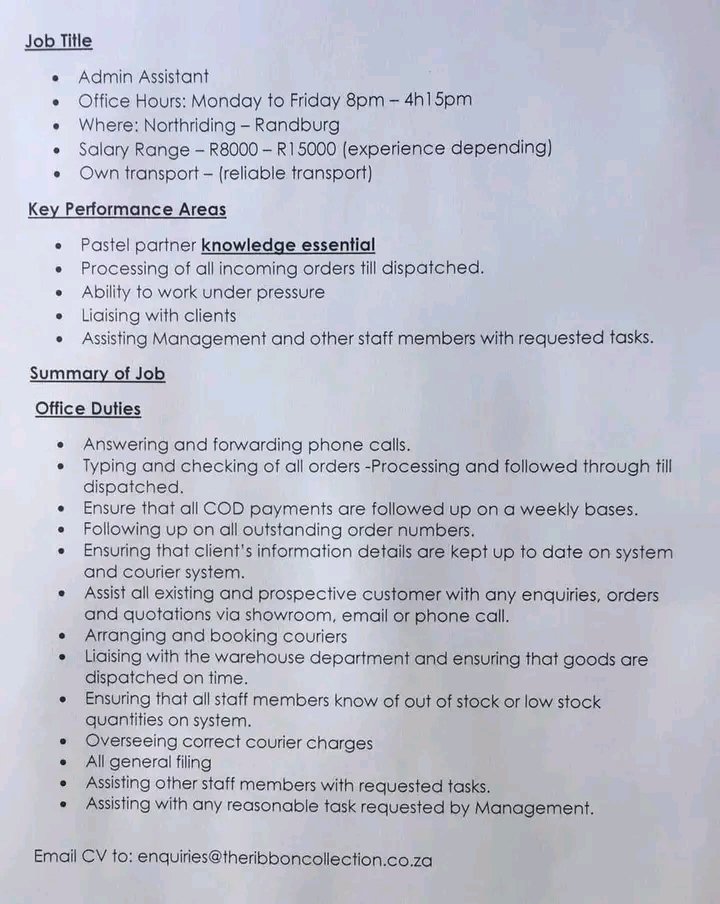 CarolBoitumelo1's tweet photo. We are looking for a Admin Assistant.

Location: Randburg
Salary Range: R8 000 - R15 00 (depending on experience)

Email CV to enquiries@theribboncollection.co.za https://t.co/OsVicknbV9