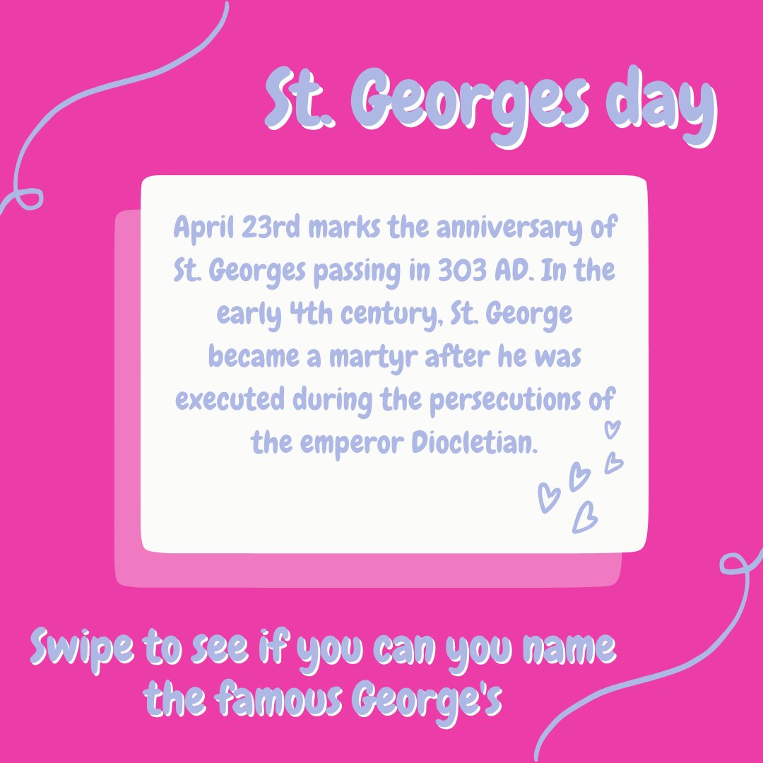ltd_lives's tweet photo. Today is St George’s day!
Saint George was a soldier and officer in the Roman army, he refused to denounce his faith and persecute fellow Christians leading to his martyrdom in 303 AD.
Can you name the famous George’s? https://t.co/0yw9PDDXuv