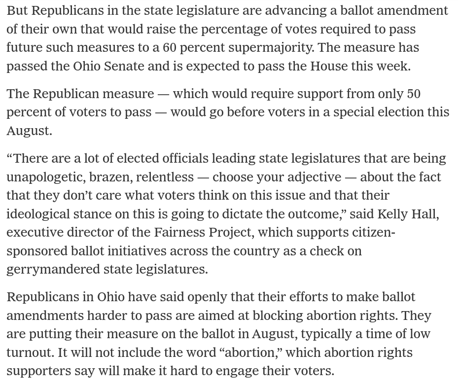 Wow. Organizers are on the verge of getting a referendum protecting abortion rights on the ballot in Ohio.

But Republicans are so afraid it will pass that they're trying to raise the threshold for referendums passing to a 60% supermajority of voters.

tinyurl.com/4hj8cprh