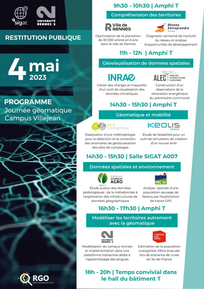 Le jeudi 4 mai aura lieu la traditionnelle journée SIGAT pour clôturer l'année en beauté. Elle sera l'occasion de restituer publiquement les 10 ateliers du second semestre, de rencontrer les partenaires et d'anciens étudiants dans une ambiance conviviale, venez nombreux !🎉