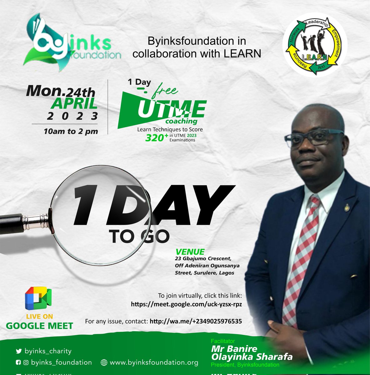 1DAY TO GO💥

📚Over 2,000 students have been benefiting from our free online #JAMB coaching for 4 months

♻️Congrat to the 100 that'll be attending physical, because you'll be Imparted on the MYSTERY &amp; SECRET to scoring 320+ in 2023 UTME — by Mr. Banire Olayinka Sharafa [B.O.S]