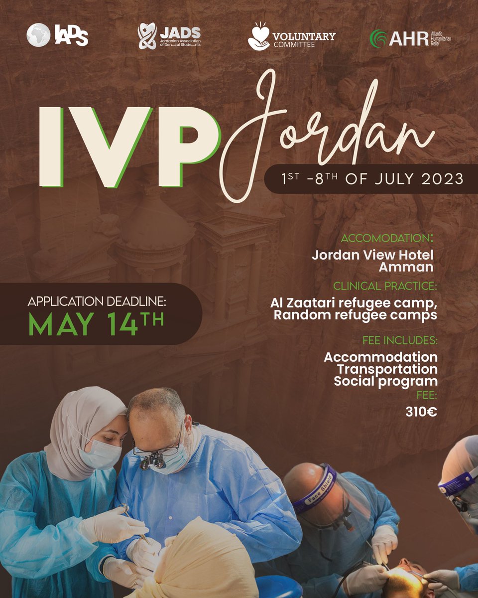 Join the International Voluntary Program in Middle East! Work in refugee camps and explore Jordan! Register: docs.google.com/forms/d/e/1FAI… #iadsvoluntary #ngo #volunteer #dentistry