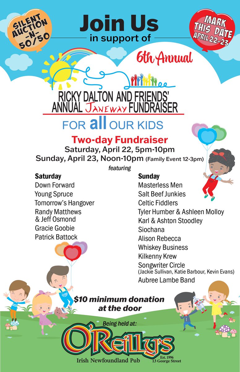 Last Day 2/2, Come down to support the Janeway with great lineup plus will be having 50/50 tickets and Silent Auction !! <a href="/DannyBreenNL/">Mayor Danny Breen 🇨🇦</a> <a href="/LoyolaOD/">Loyola O'Driscoll</a> @OZFMJigsReels <a href="/daniellebutt/">Danielle Butt</a> <a href="/GeorgeStLive/">George Street</a> <a href="/DowntownStJohns/">Downtown St. John's</a> Retweet!!
