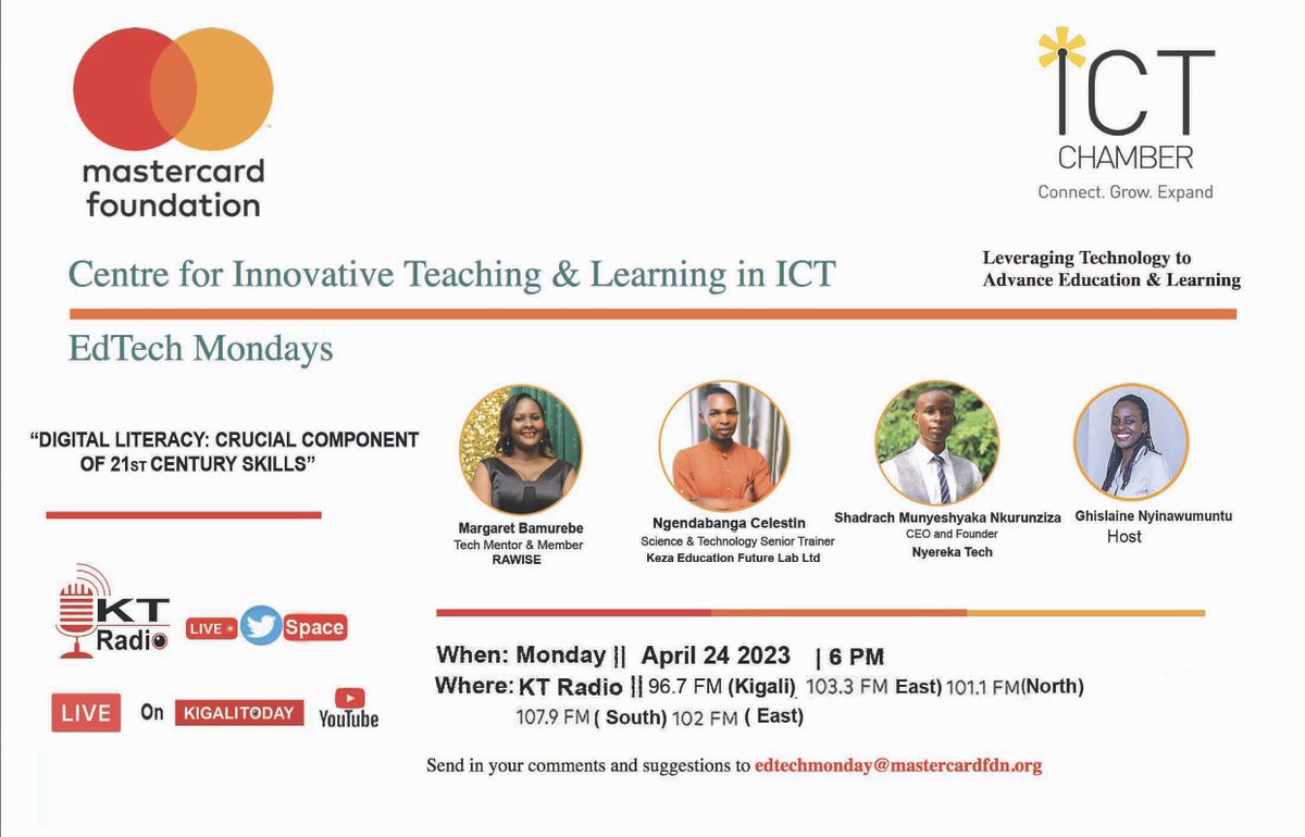 Muzungu4's tweet photo. Tomorrow’s #EdTechMonday show will focus on Digital Literacy - crucial component of 21st Century skills. Panelists are; Bamurebe @cuttia1 from @STEMWomenRwanda, Ngendabanga Celestin from @kefl_rw &amp; @ShadrachMunye from @nyerekatech. Catch the show on KT Radio 96.7FM from 6pm https://t.co/G3EM8hMbFo