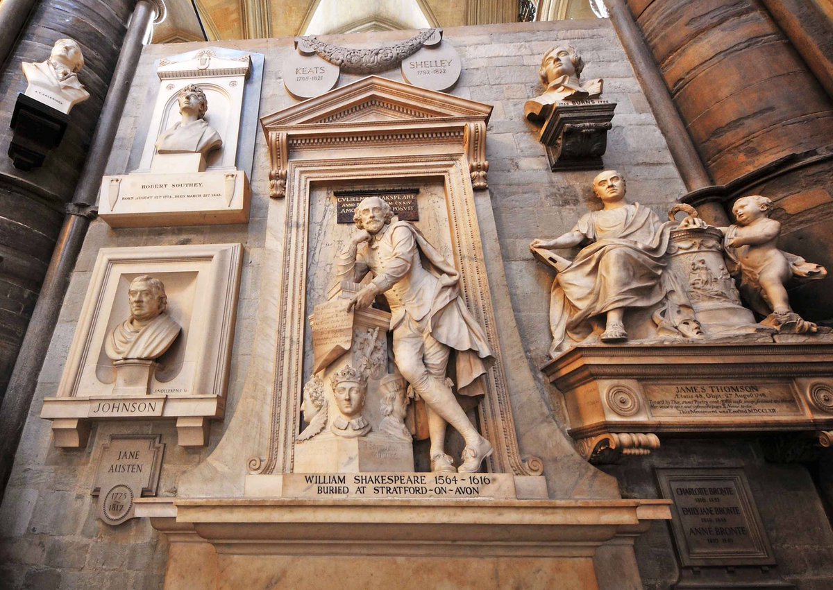 wabbey's tweet photo. 'The forms of things unknown, the poet's pen turns them to shapes and gives to airy nothing a local habitation and a name'

William Shakespeare was born #OTD in 1564 and died #OTD in 1616. This is our memorial to him in Poets' Corner

#ShakespeareSunday #ShakespearesBirthday https://t.co/rKO9sLuwkx