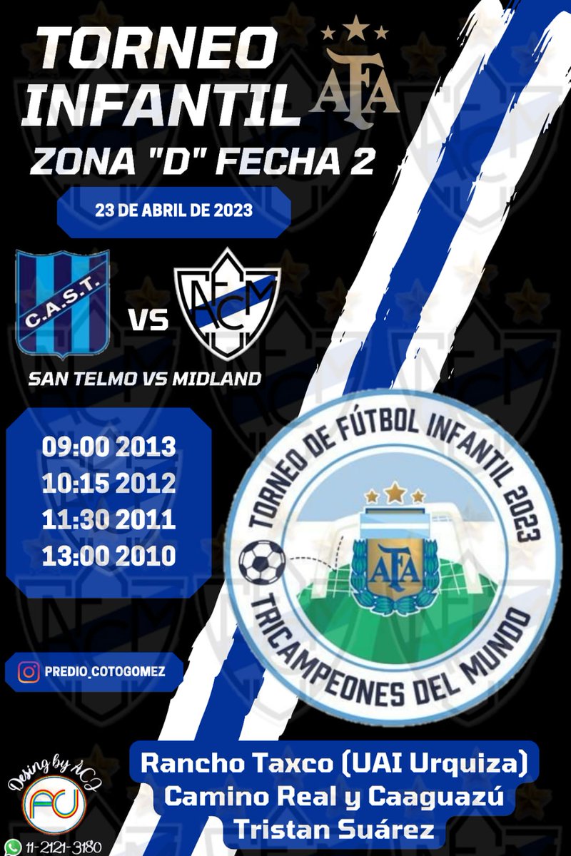 #TorneoInfantil AFA

Visitan al Candombero. 

Los más pequeños del #Funebrero harán su debut en el Torneo "Tricampeones del Mundo" y visitarán a <a href="/clubsantelmo/">Club Atlético San Telmo</a> 

La primera fecha quedaron libres y hoy será el debut oficial. 

¡Le deseamos lo mejor!

#VamosMidland ⚪💙⚪