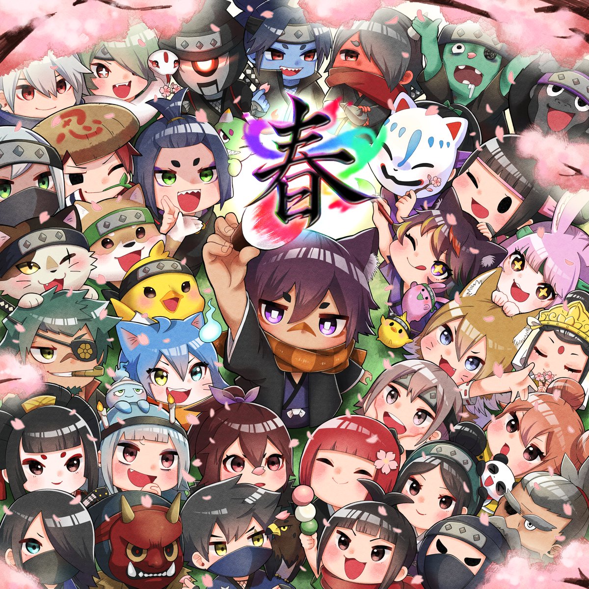 tosawin's tweet photo. 🌸#CryptoNinja ファンアートコンテストに参加します🌸

『春を彩る笑顔』
イチヤの春を囲んで、笑顔と元気がいっぱい🥰🌸

「春」の文字は、なんと❗️一夜さん(@ichiyaduke23)からご提供いただきました✨
ありがとうございます😭

皆さんはどのキャラが好きですか？😆

#ninjart
#NINJARTコンテスト https://t.co/0RClGh1ogT