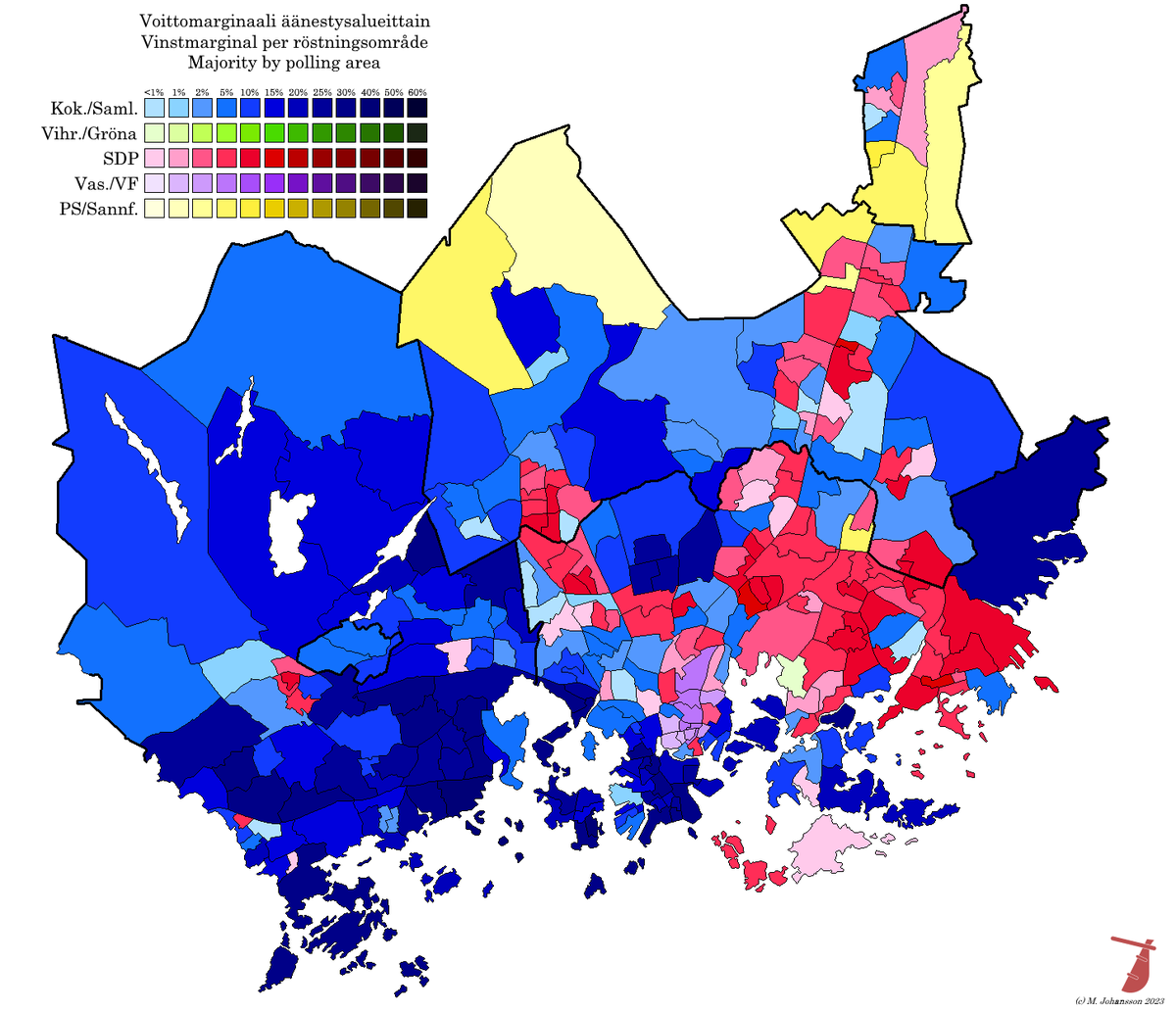 AJRElectionMaps's tweet photo. En fördjupad bild av valresultatet i Helsingforsregionen. Ett mycket bra val för @kokoomus och mycket dåligt för @vihreat, som bara kommer först i ett (1) röstningsområde.//A closer view of the election result in greater Helsinki, with NCP doing very well and Greens quite badly. https://t.co/Yya9HwoQzV