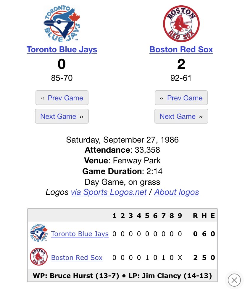 Would have been the division clincher but they wasted 9 shutout innings from Clemens the night before and lost 1-0 in extras.  Clinched the next day with Oil Can Boyd on the mound.
