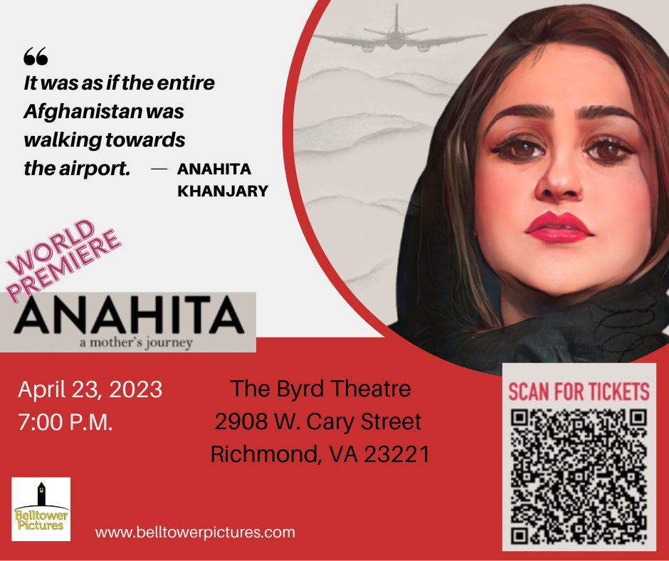 BellTowerPix's tweet photo. Our thoughts are with Sudan today as we contemplate how dangerous evacuations are. It is very timely that our world premiere tonight at the Byrd Theatre in Richmond, VA is a first-hand account of Anahita's escape from Afghanistan in 2021. https://t.co/y1runxqdPV